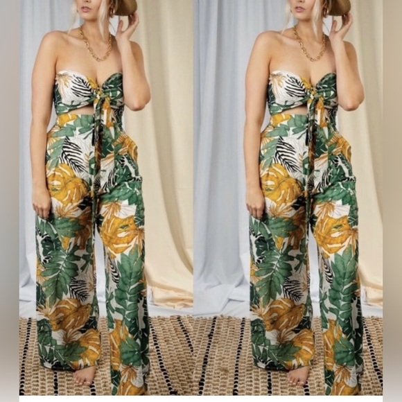 The Sang Pants - NWT THE SANG Tropical Leaf Print Strapless option Jumpsuit size M
